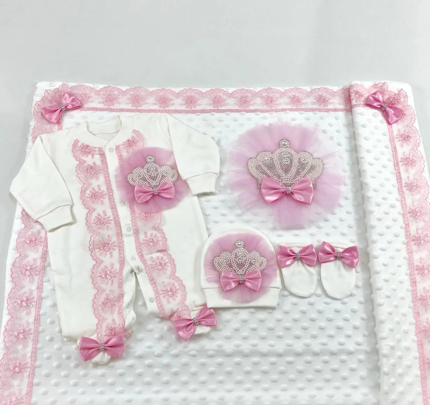 5pcs Newborn Baby Embroidery Lace Romper Outfit Clothing Cotton Infant Wrapped Baby Products Pants Mittens Receiving Blanket