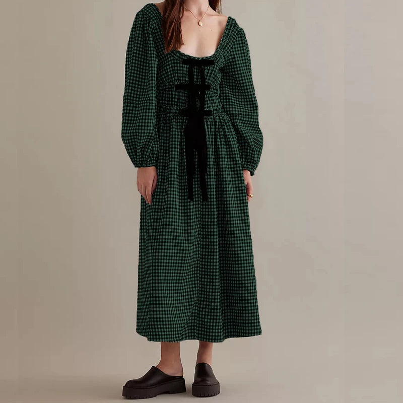 Women's 2024 Summer Boho Square Neck Front Bow Midi Dress Lady Vintage Puff Long Sleeve Plaid Ruffle Backless Maxi Dress