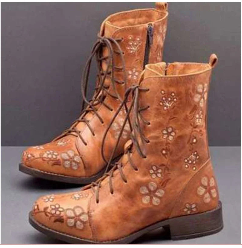 Woman Ankle Boots Embroidery Big Size Flower Boots 2023 Women Autumn Winter Lace Up PU Leather Female Footwear Ladies Shoes