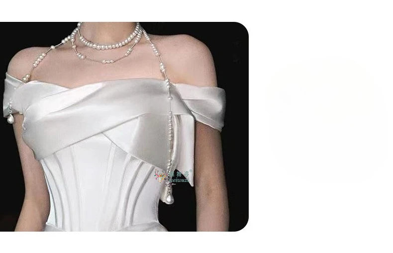 French Style Luxury Pleat Satin Strapless Light Wedding Bridal Dress Off-Shoulder Light Wedding Dress Birthday Party Prom Gowns