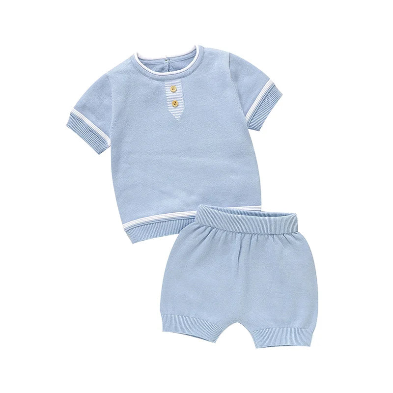 Summer Solid Short Sleeve T-Shirts+Shorts 2PCS Outfits for Newborn Boys Cotton Clothes Sets 0-18m Infant Knit Tracksuits Costume