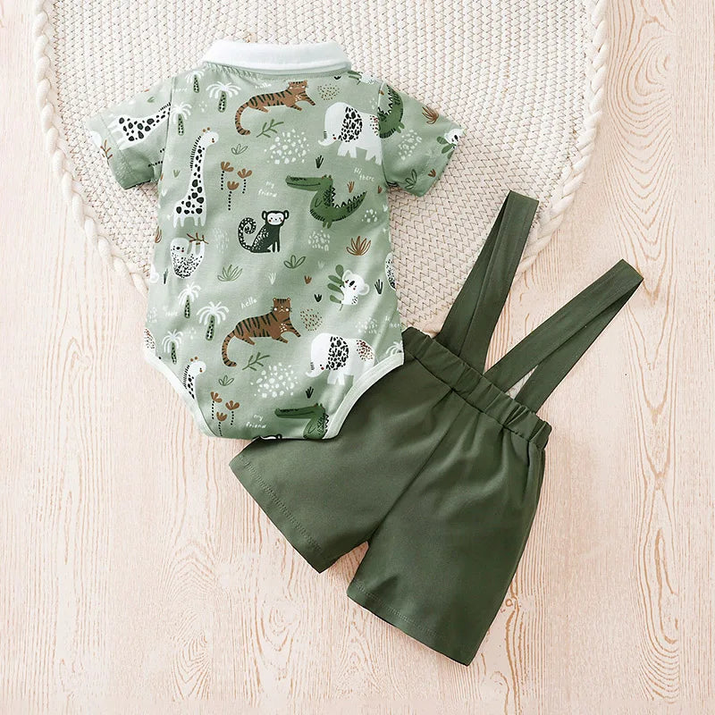 Newborn Baby boys Clothes Set Animal - Green print Fashion Summer Toddler Outfit short sleeve straps Clothe 2-piece outing suit