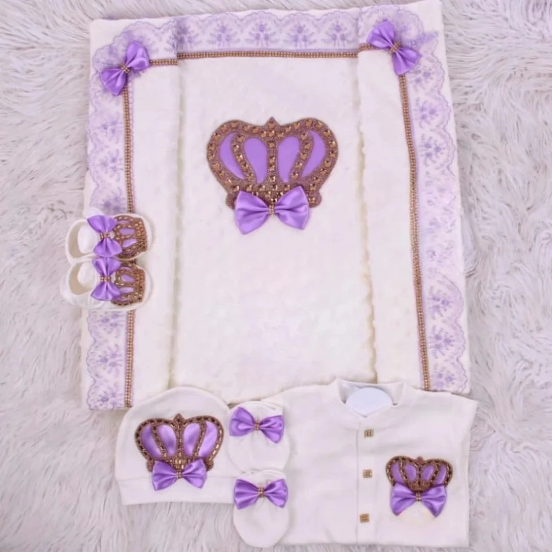 5pcs Newborn Baby Embroidery Lace Romper Outfit Clothing Cotton Infant Wrapped Baby Products Pants Mittens Receiving Blanket