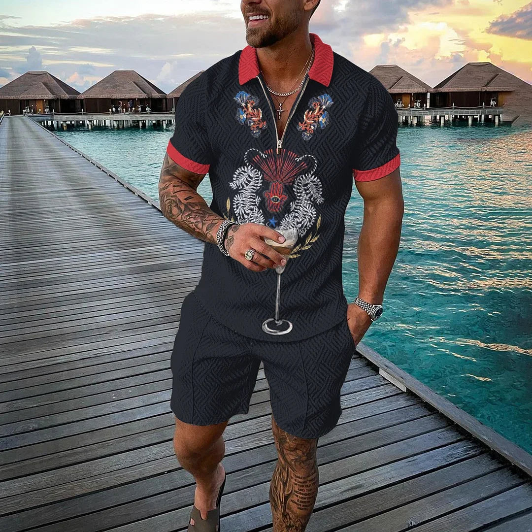 Men Tracksuit Summer New 3D Printed Beach Zipper Polo Shirts Shorts 2 Pcs Sets Boho Geometric Style Holiday Clothing Ropa Hombre