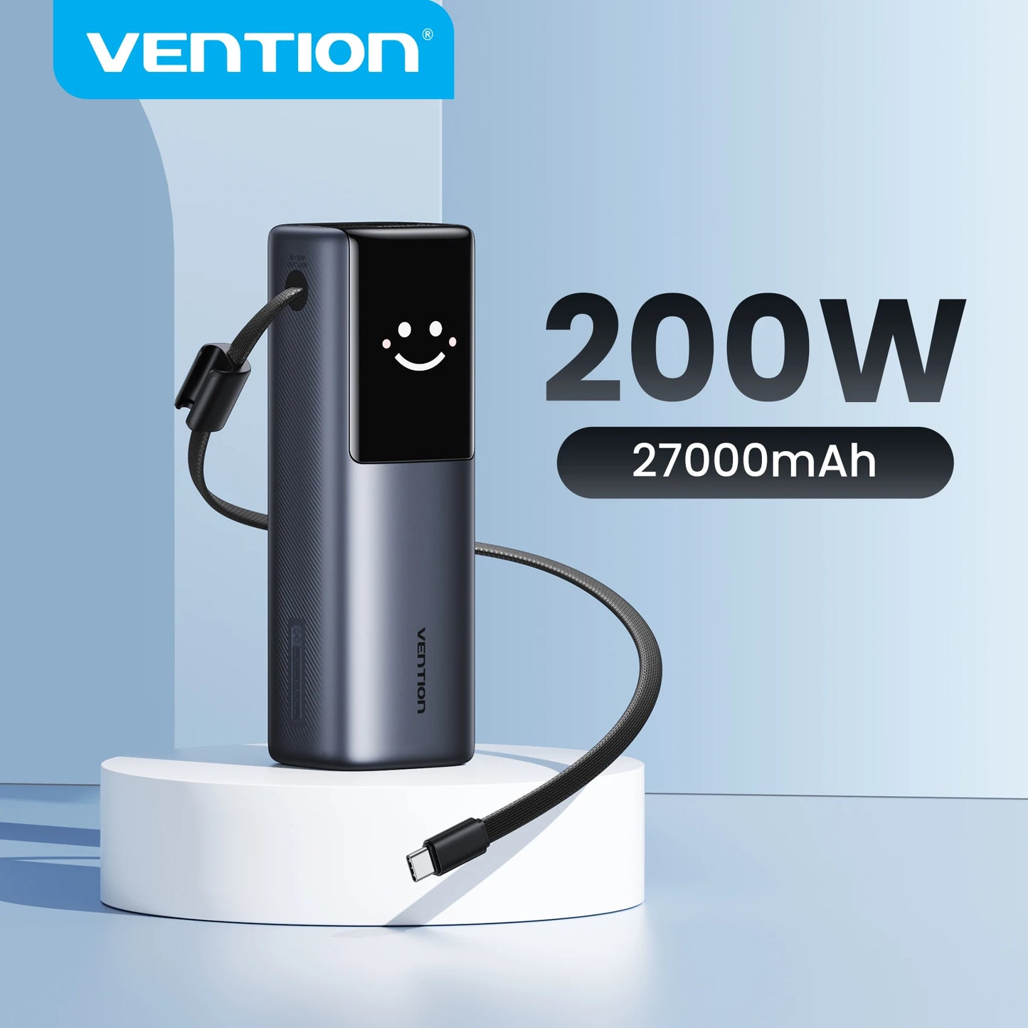 Vention 200W 27000mAh Power Bank Build-in Retractable USB-C Cable Portable External Battery Charger For Laptop Smart TFT Display