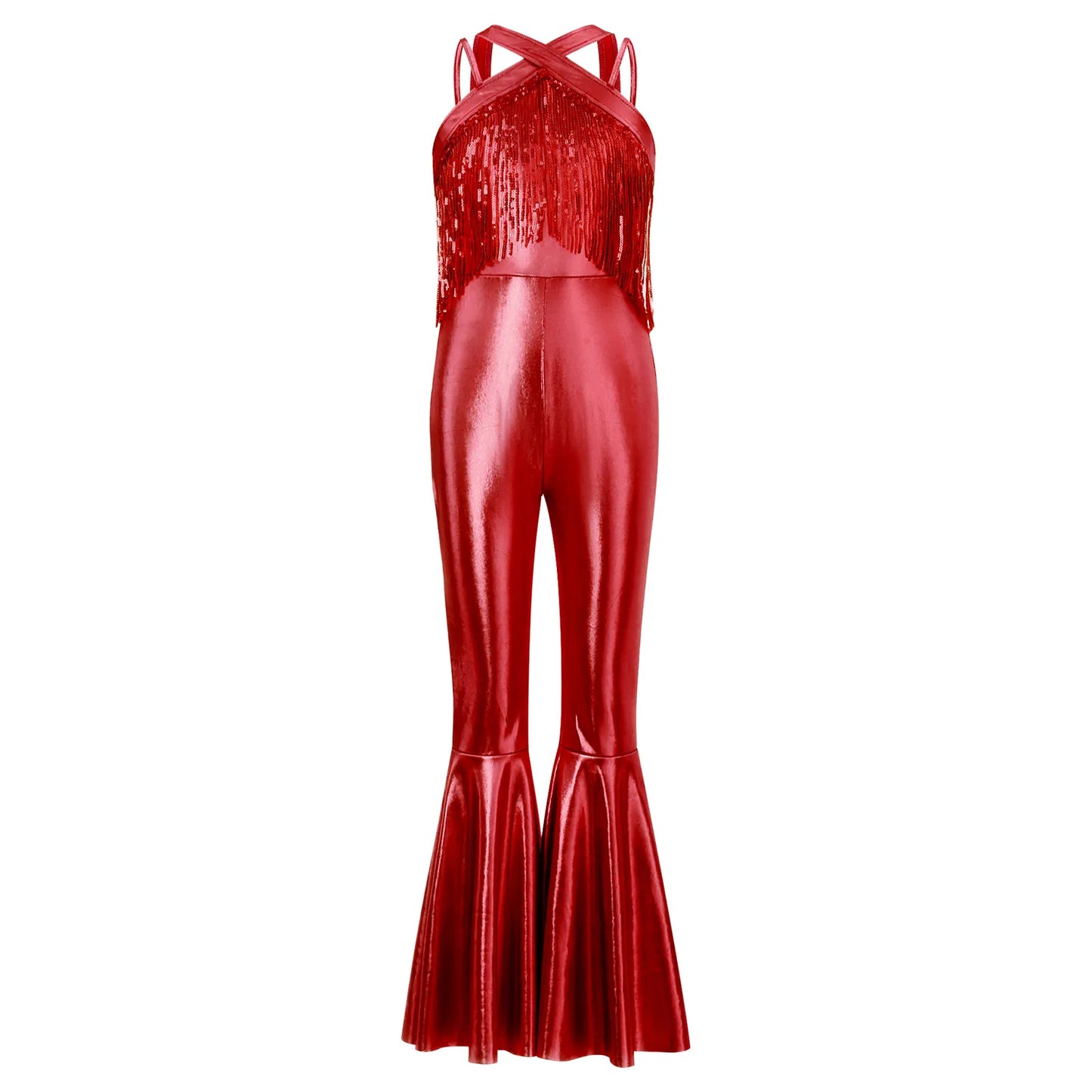Kids Girls Hippie Halloween Costume Tassels Unitard Bell-bottom Long Pants Bodysuit Jumpsuit Disco Dance 60s 70s Rave Party Wear