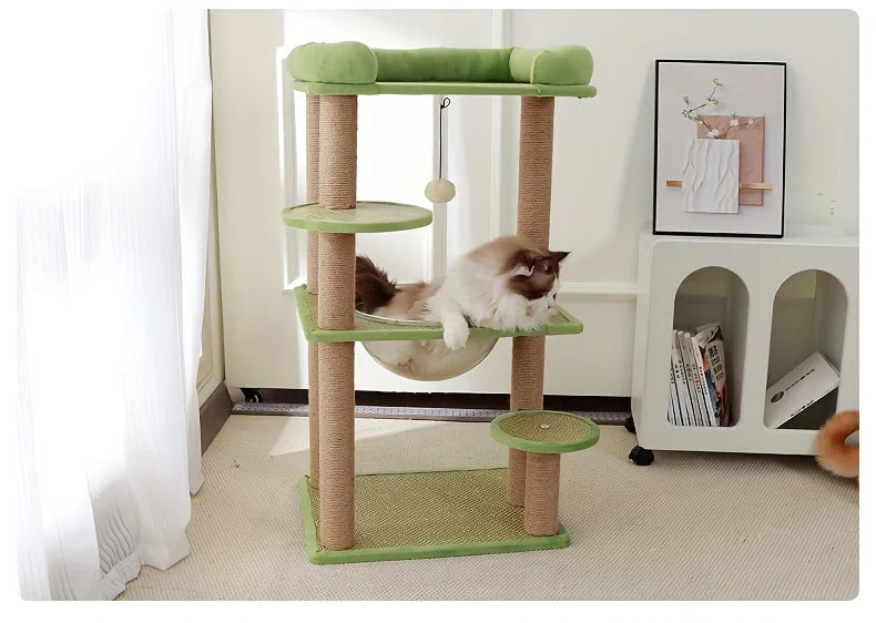 2-Tier Luxury Cat Tree with Sisal Scratching Posts, Multi-Level Cat Tower with Plush Perches & Hanging Toys, Durable Activity