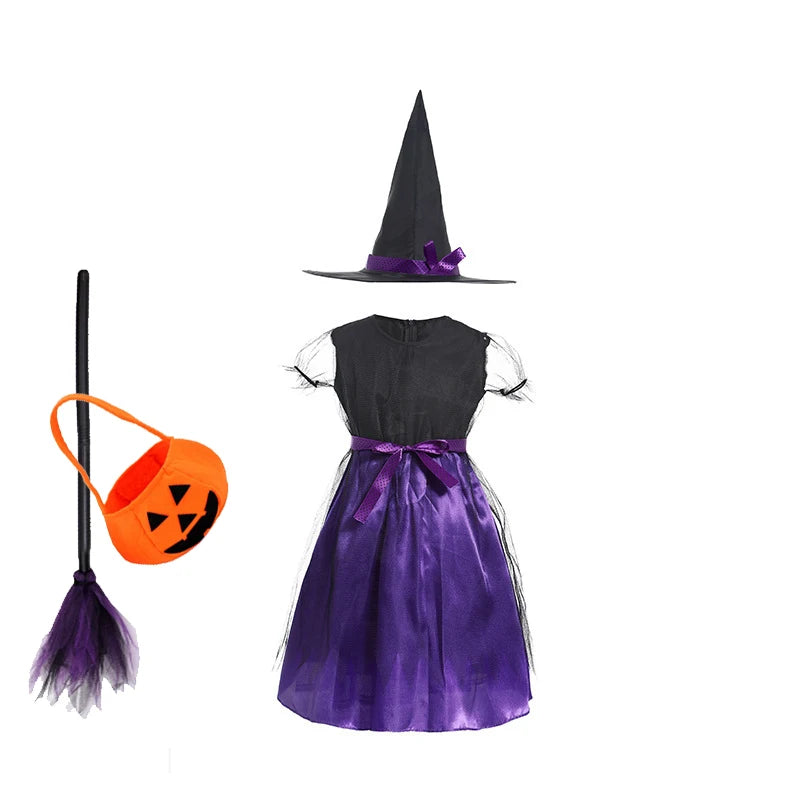 5 Styles Halloween Costume for Kids Girls Purple Bat Dress Halloween Fantasy Vampire Costume with Hat Broom Pumpkin Belt Set