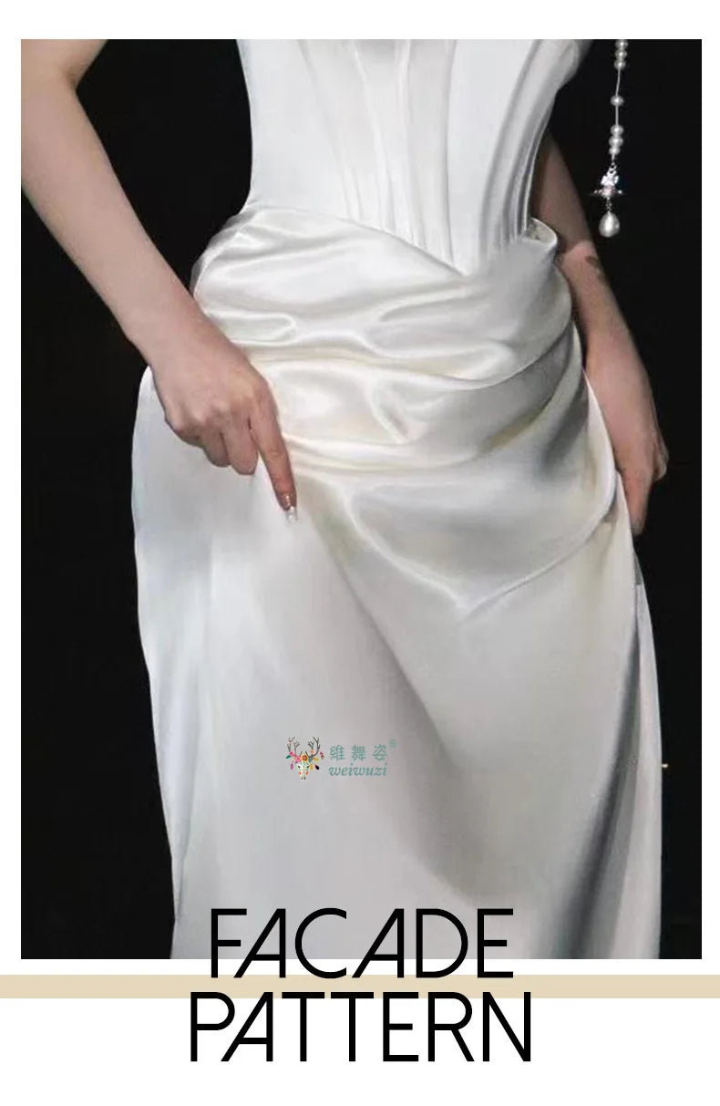 French Style Luxury Pleat Satin Strapless Light Wedding Bridal Dress Off-Shoulder Light Wedding Dress Birthday Party Prom Gowns
