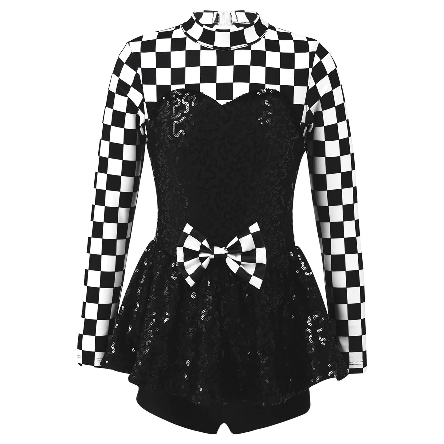 Kids Girls Checkerboard Racer Costume Halloween Car Driver Cosplay Leotard Dress with Tulle Skirt Themed Party Driving Roleplay