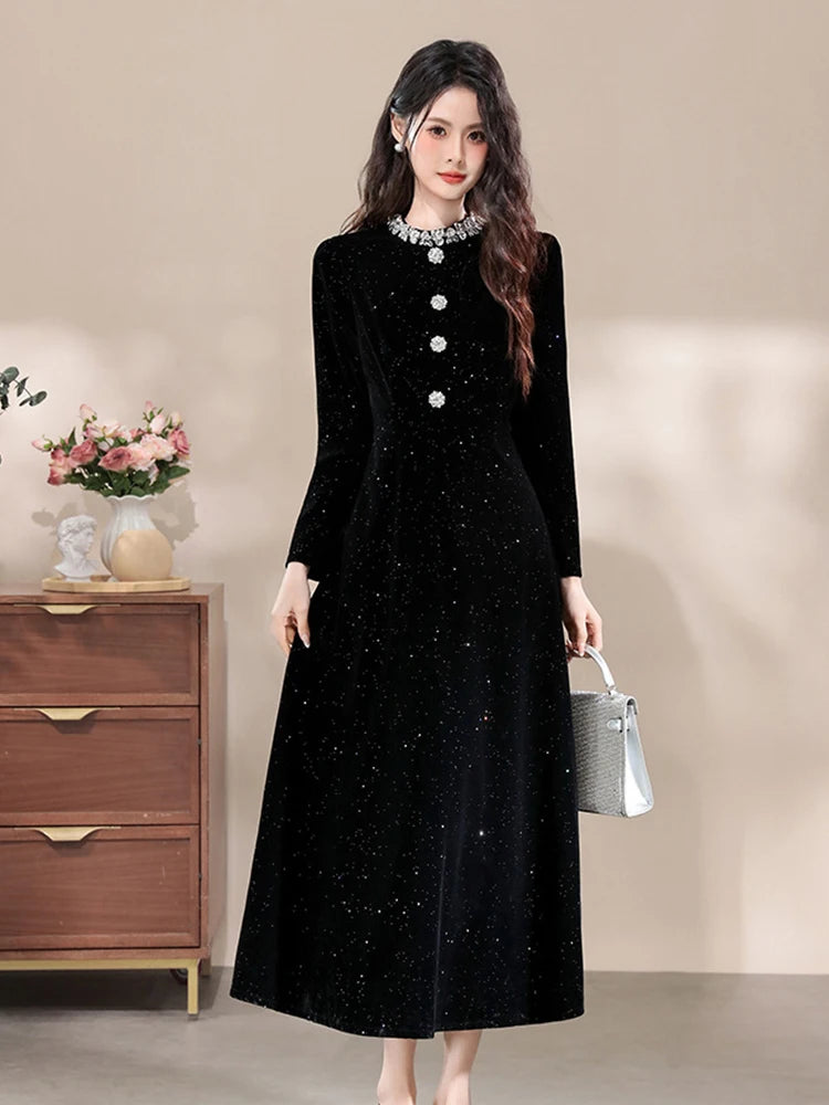 Formal Occasion Black Shiny Slim Long Evening Dress Women Clothes Elegant Luxury Lady Fashion Party Prom Birthday Vestids Retro