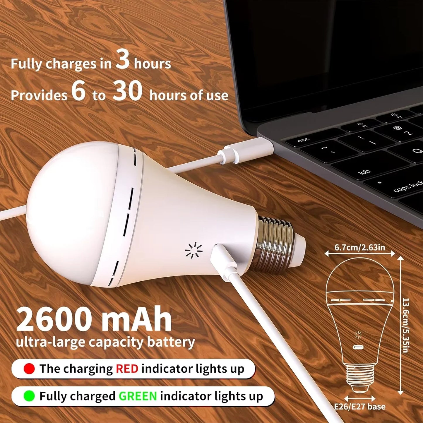 Rechargeable 2600mAh Light Bulb with Large Battery Backup – Perfect as Emergency Lights for Home Hurricane Preparedness&Outages