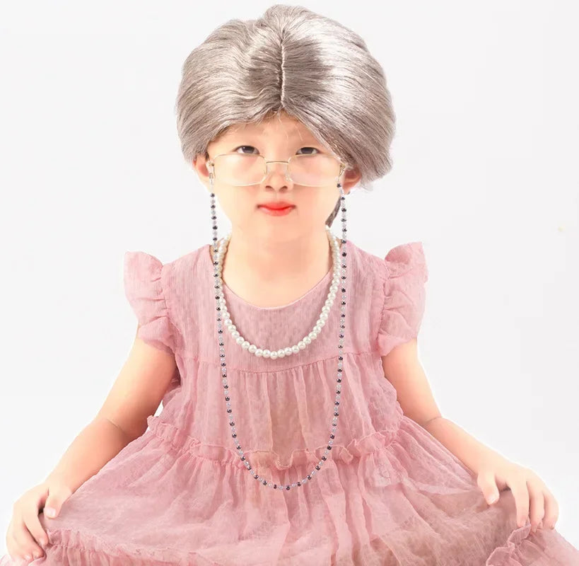 Halloween  Great grandma cosplay older performance costume Kid Halloween wig necklace eyeglass