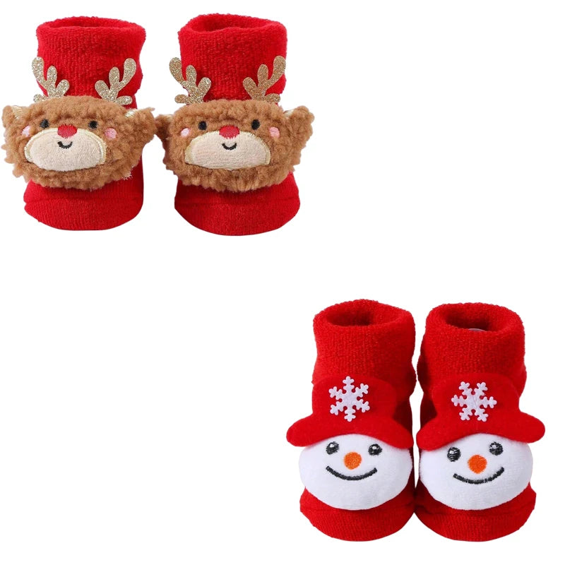 2 Pairs Kids Cotton Socks for Girls Boys Non-slip Toddler Baby Christmas Socks for Newborn Winter Warm New Year Infant Socks