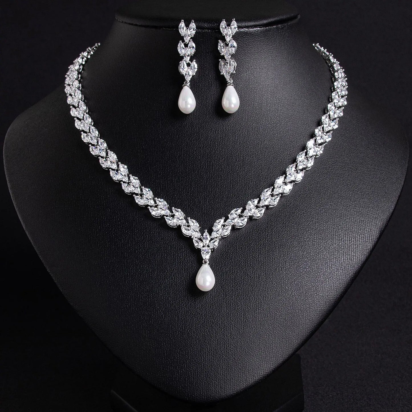 Luxury Zircon Jewelry Set For Women Pearl Pendant Necklace Earring Set For Wedding Bride Prom Party Necklace Accessories Gifts