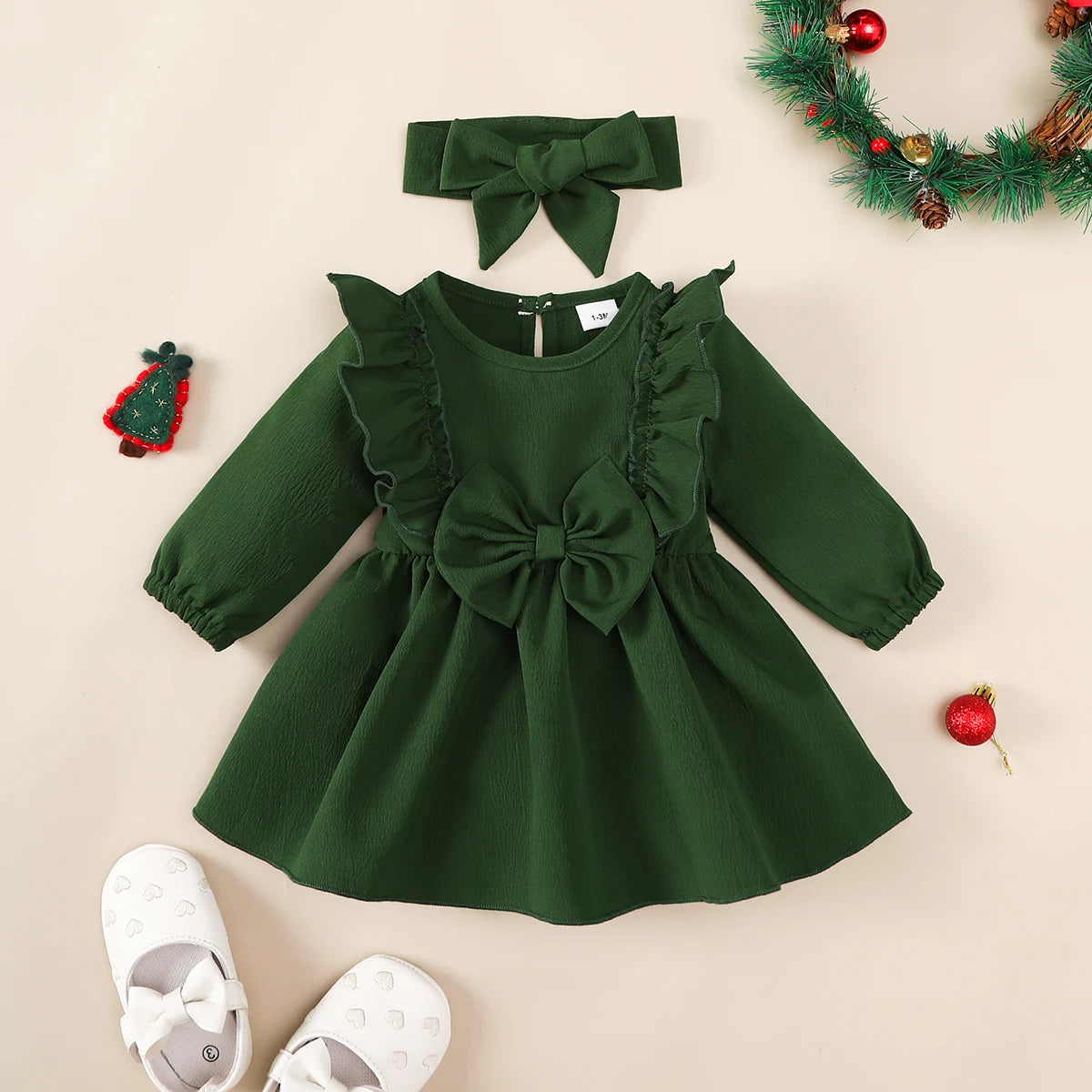 Baby girl Autumn Dress Ruffled Edges and Bow, Long sleeved Dress+Headband for 0-18 Months Cute Baby girl Holiday Party Costume
