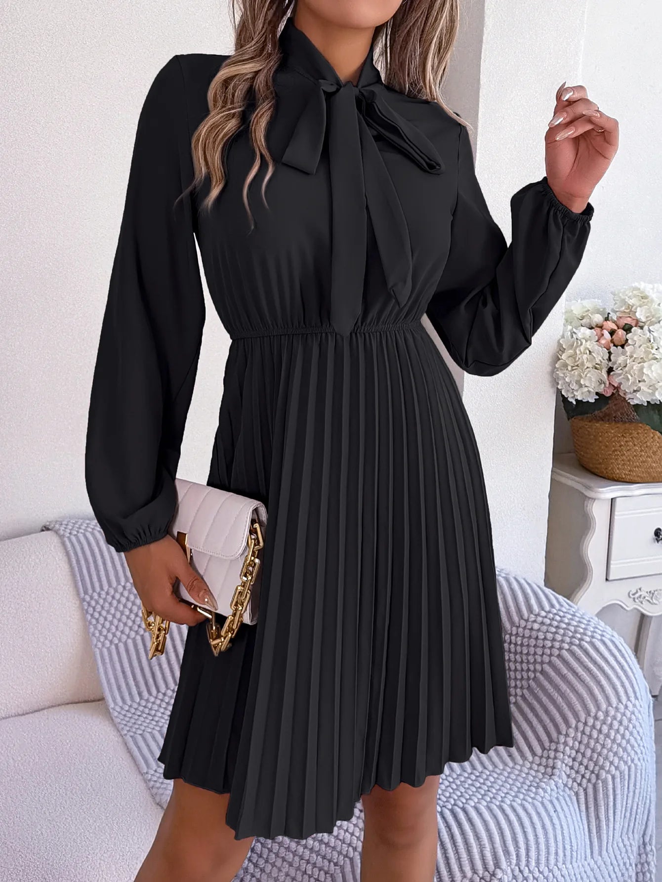 Women Fall Vacation Elegance V Neck Solid Tie Waist Ruffle Hem Pleated Midi Dress Long Sleeve Wedding Dress