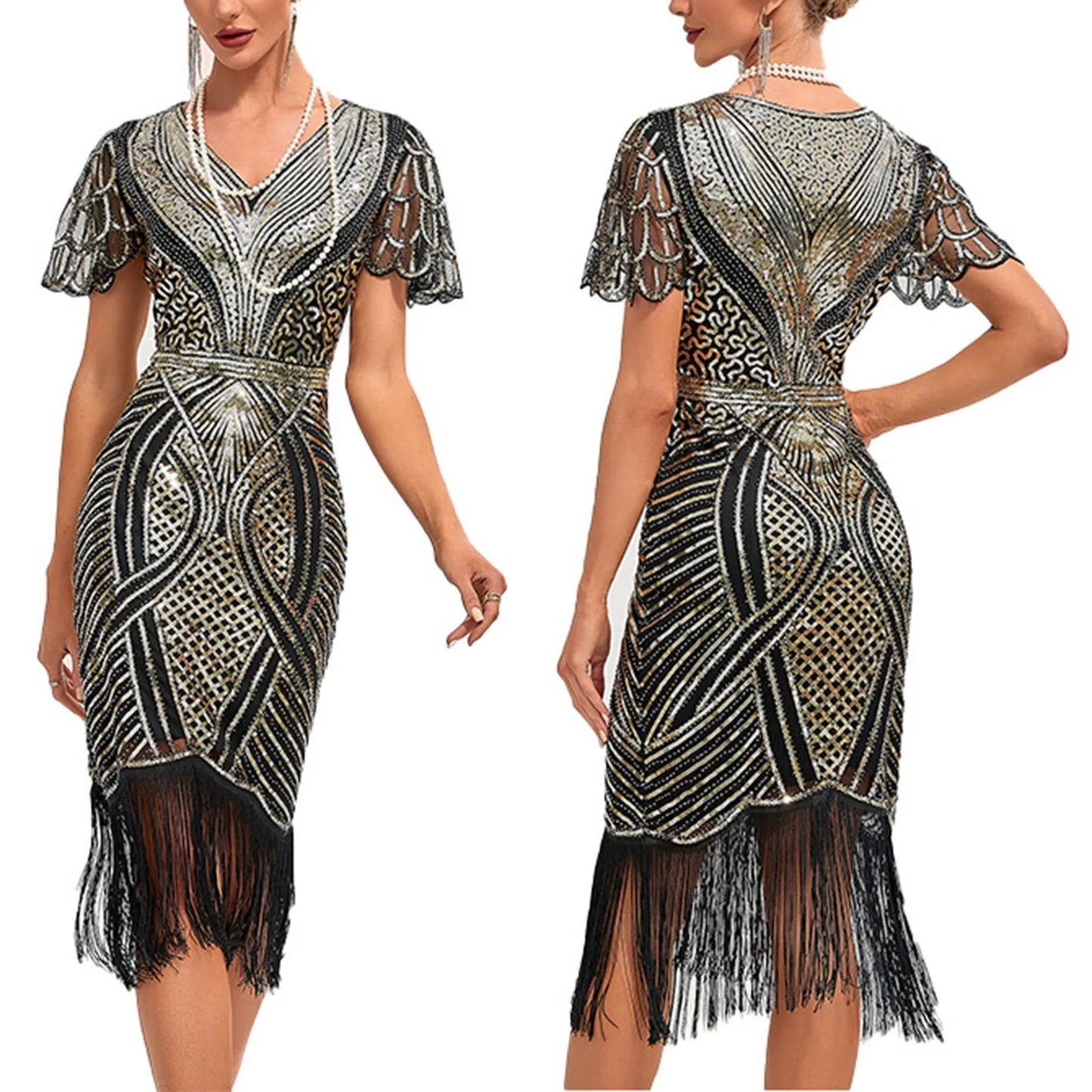 1920s Vintage Great Gatsby Dress Flapper Party Dress Women Tassels Hem Beaded Sequin Dresses Evening Cocktail Dress Elegant Robe