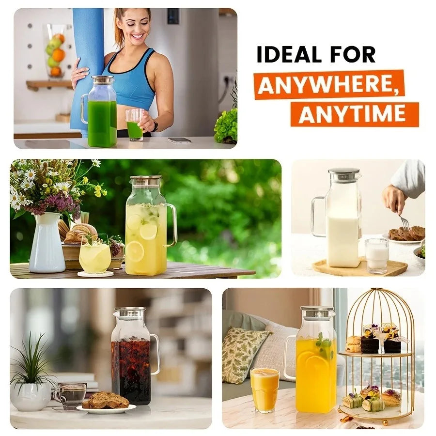 JUSTINLAU 1.2/2L Cold Water Jug High Borosilicate Glass Water Pitcher for Steamed Juice Fruit& Iced Tea Home Kitchen Accessories
