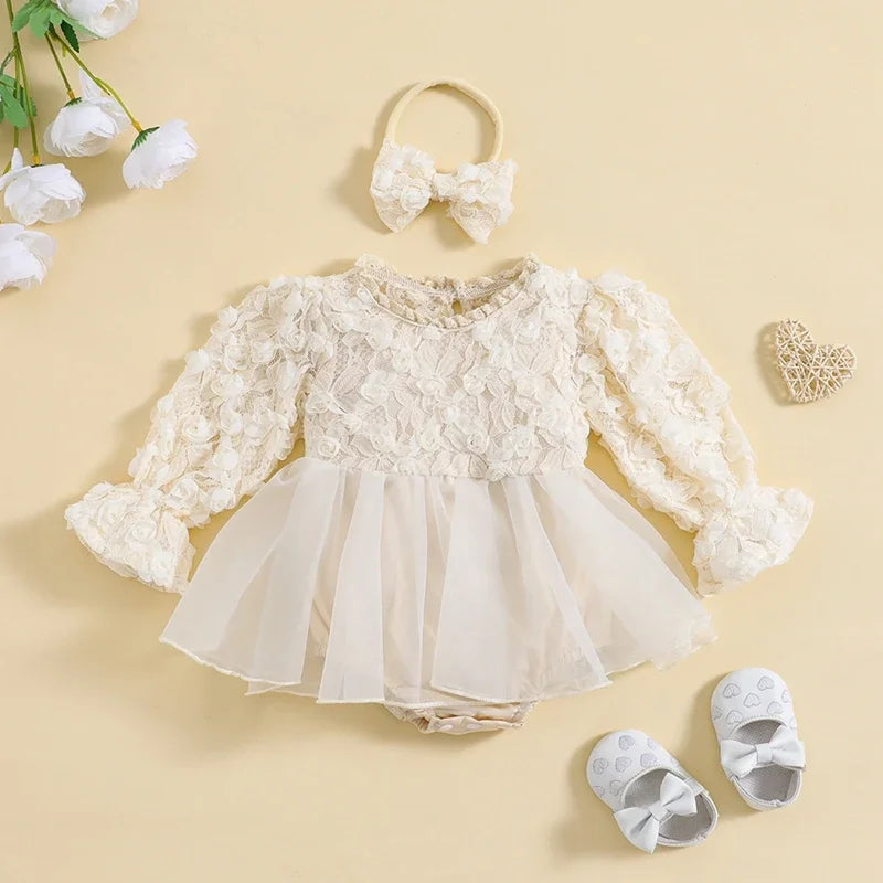 Baby Girls Autumn Romper Dress Long Sleeve Lace Floral Tulle Patchwork Romper with Headband