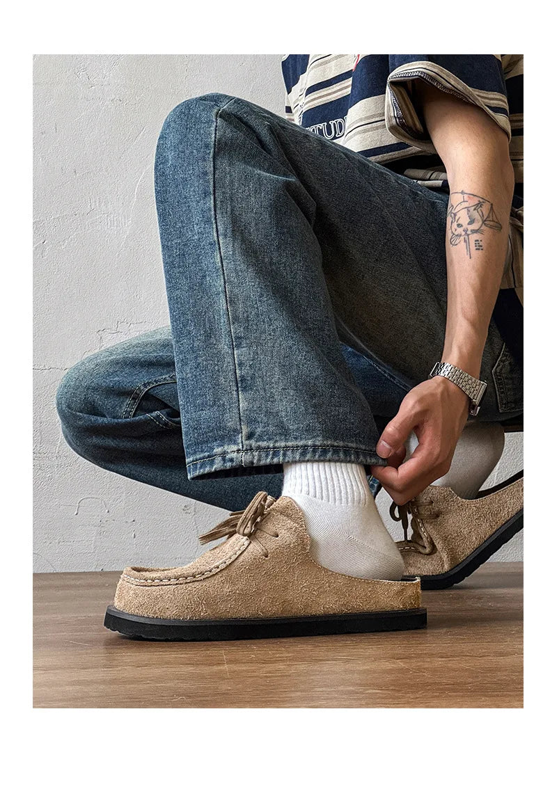 2025 Retro bag head lace-up leather one-pedal summer half slippers men and women couple cowhide shoes