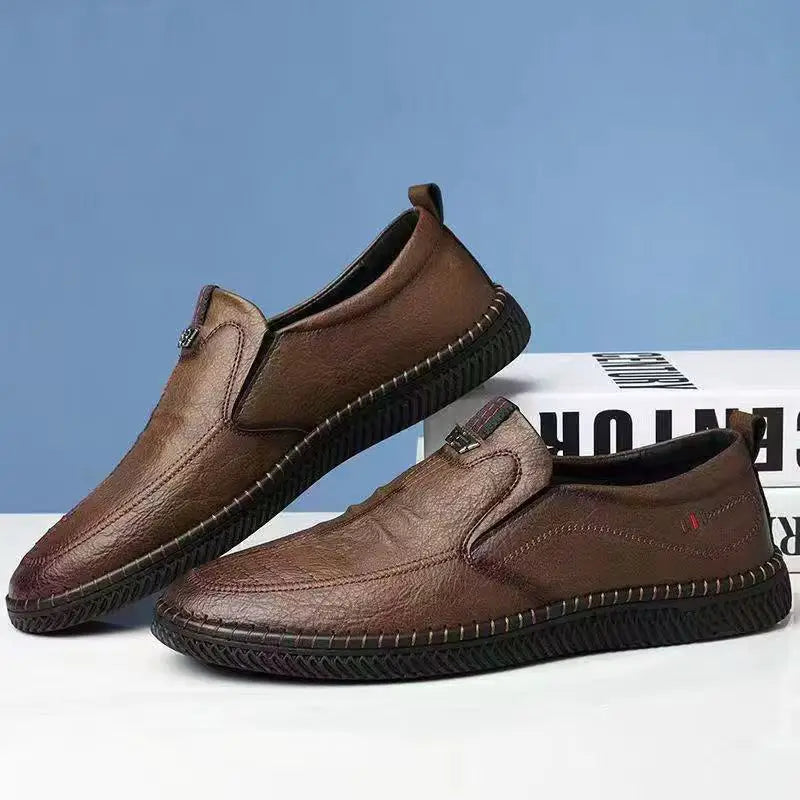 Men's Casual Thick Bottom Soft Sole Leather Shoes Dad Style Versatile Low Top Spring Autumn Season Breathable Slip-On Shoes