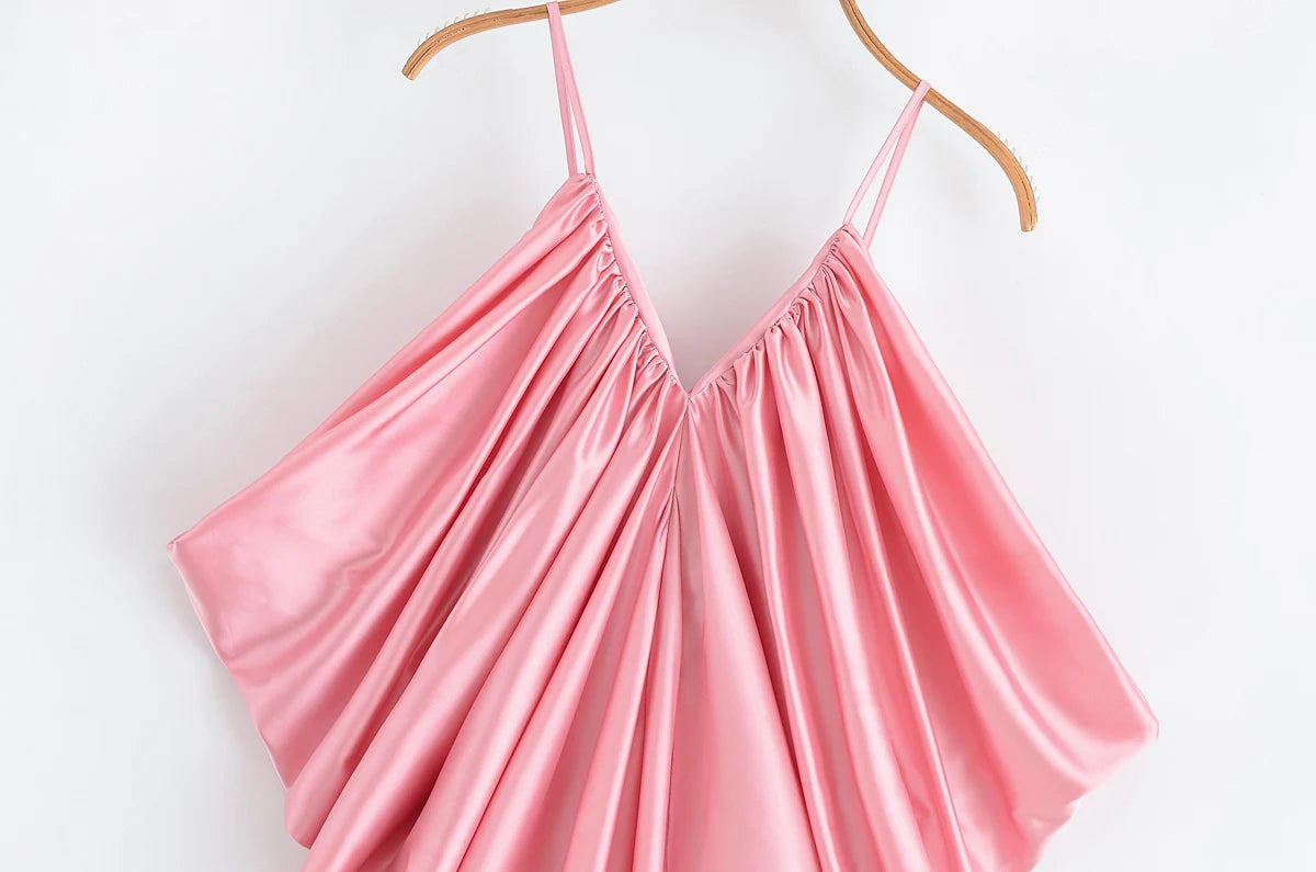 KONDALA Elegant Pleated Satin Dress Women Side Fold Pleated Suspender Long Dress 2025 Summer High Street Dating Lady Dress