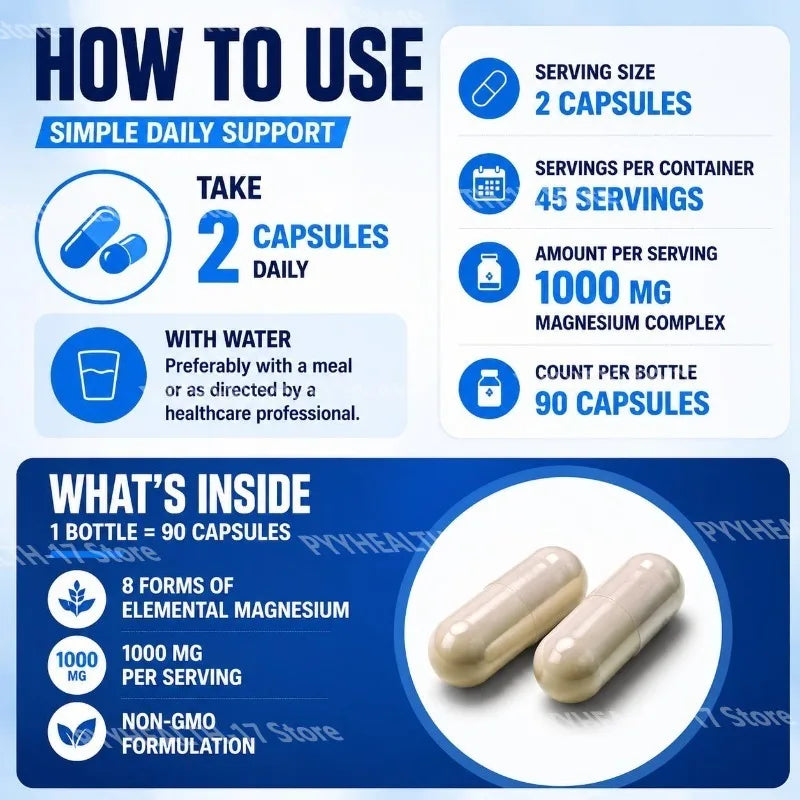 Nutrition Magnesium Complex Capsules 8-Form Elemental Magnesium Supports Healthy Body Functions 1000 Mg 90 Capsules