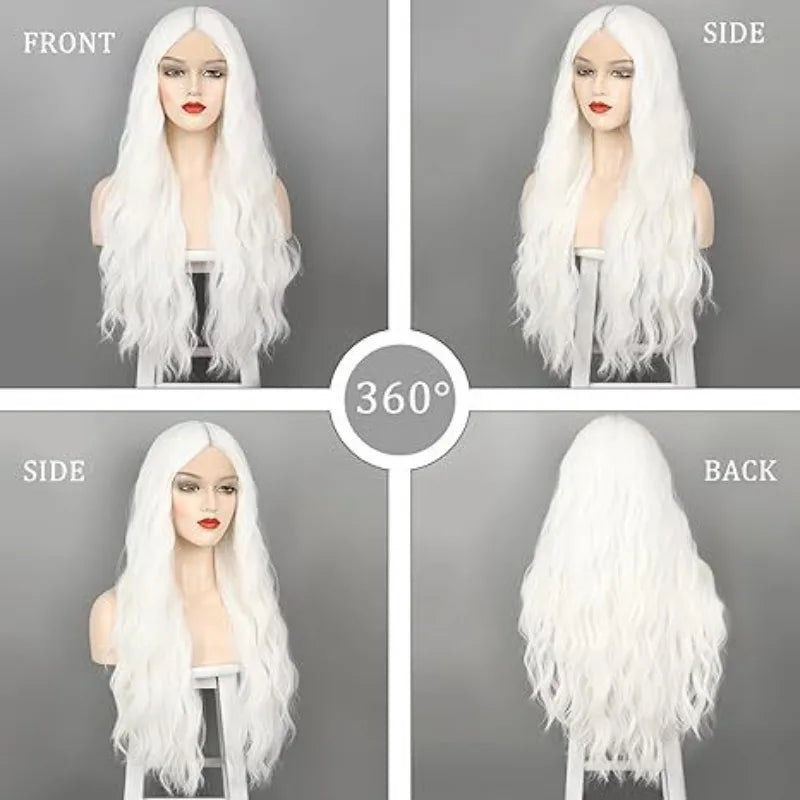 Long White Syntheic Wigs for Women 30 Inches Wavy Lace Heat Middle Part Natural Looking Silky Wig for Daily Use Halloween