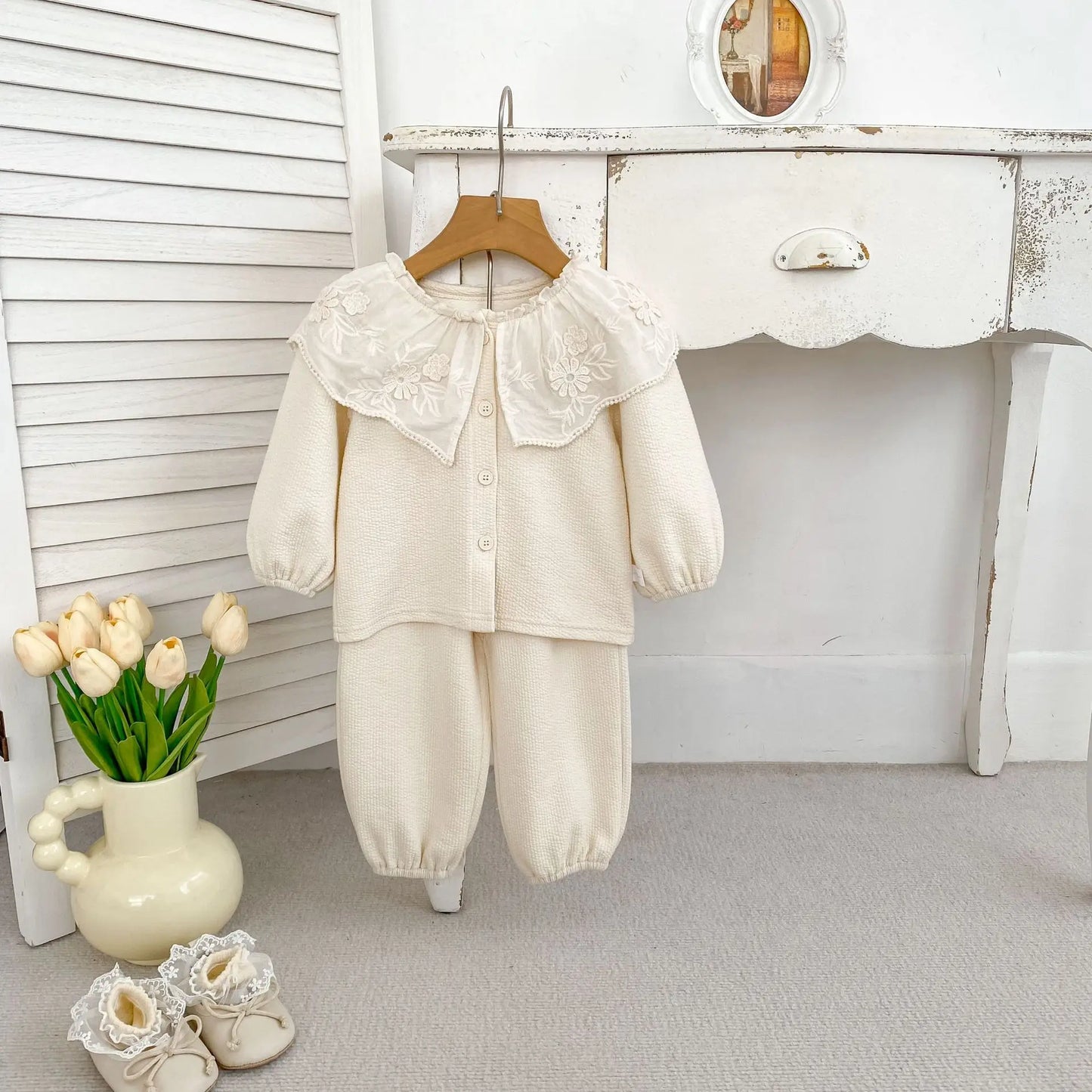 Baby Clothing Set 2025 Autumn Spring New Girls' Long Sleeve Suit Cotton Lace Collar Cardigan +Pant Two-piece Suit