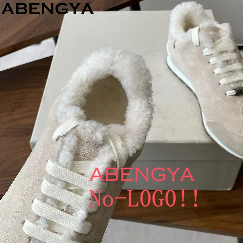 New Winter Wool Sneakers Women Suede Leather Lace Up Flat Casual Shoes For Women Mules Round Toe Bead Walk Fur Shoes Ladies