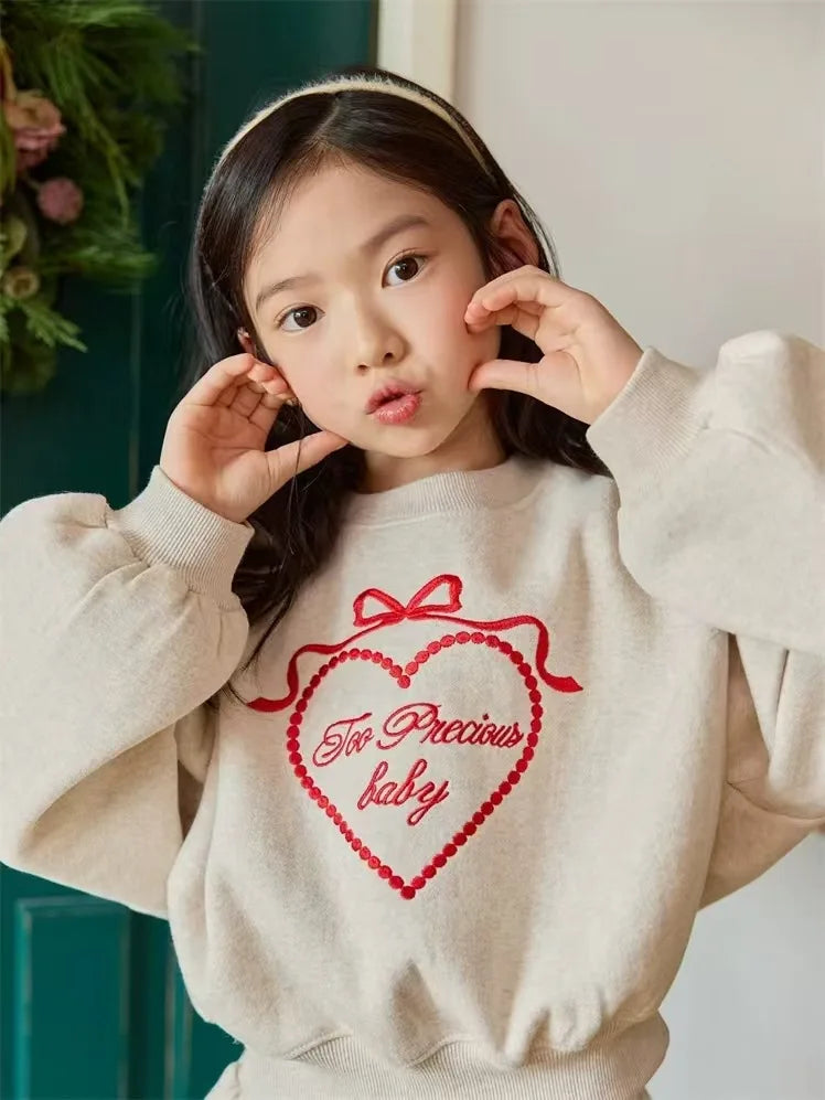 2025 Spring New Children Long Sleeve Clothes Set Baby Girls Heart Embroidery Sweatshirt + Pants 2pcs Suit Kids Sports Outfits