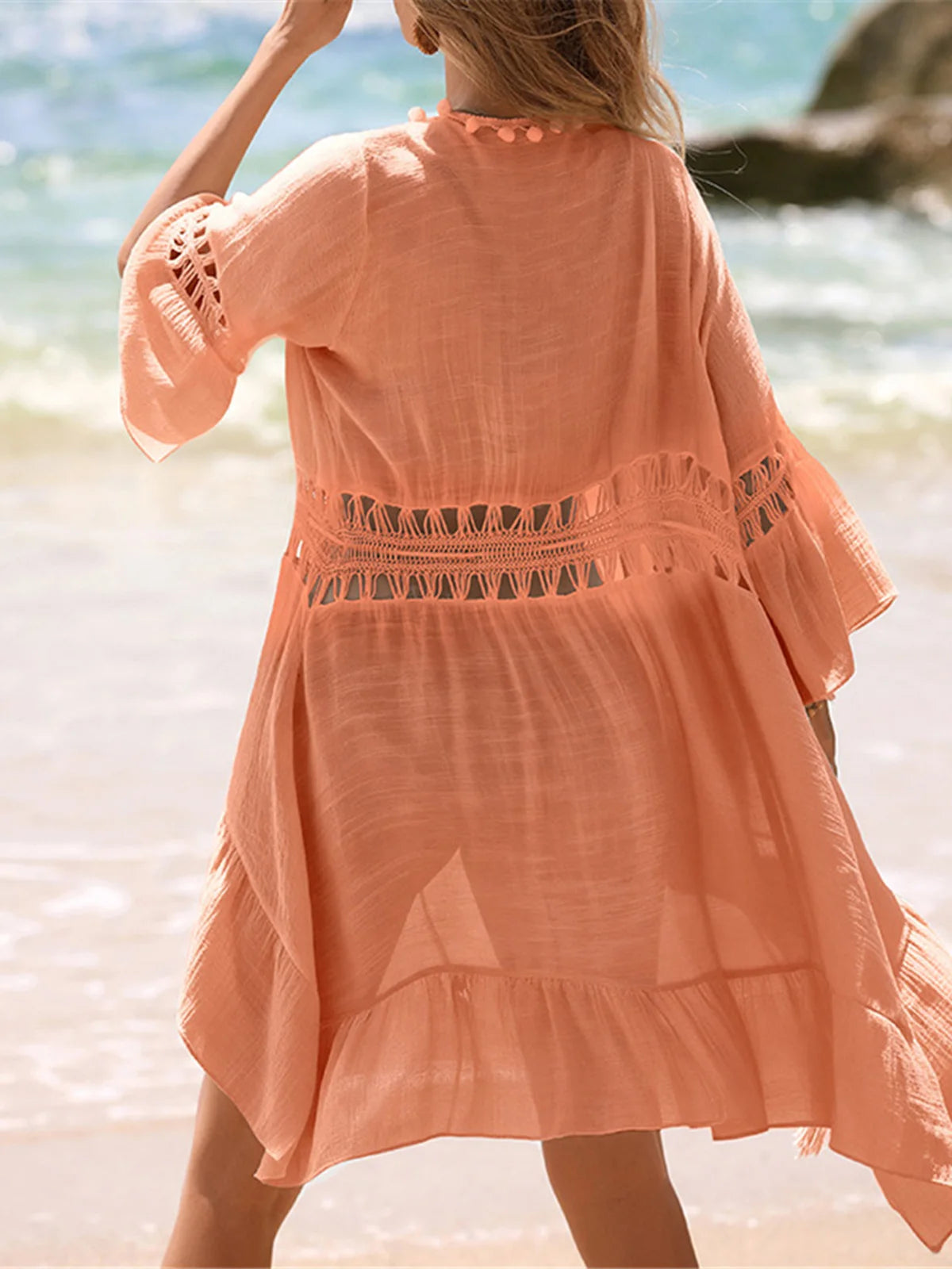 Cover-ups Beach Dress Beachwear Female Women Beach Wear V Neck Half Sleeve Splicing Crochet Knitted Tunic Beach Cover Up V7660