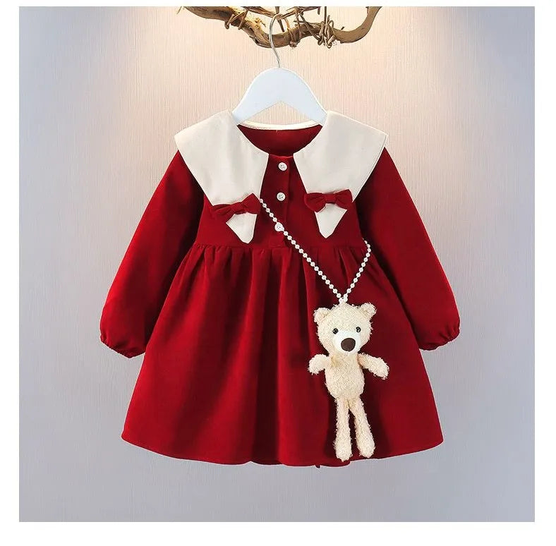 Spring and Autumn Girls' Baby Dress New Children's Fashionable Doll Neck Long Sleeve Dress Red Girls' Princess Dress