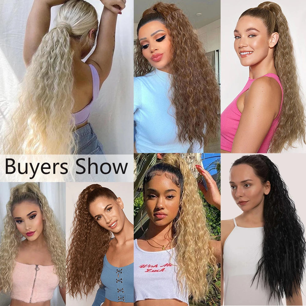 LANSA Synthetic Long Curly Ponytail Natural Puff Wrap Around Clip In Ponytails Hair Extensions Black Brown Ponytail For Women