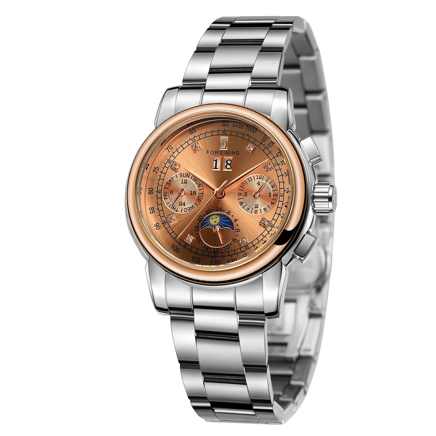 Forsining Fashion Ladies Stainless Steel Case Moon Phase Mechanical Watch Women's Multifunctional Diamond Dial Automatic Clock