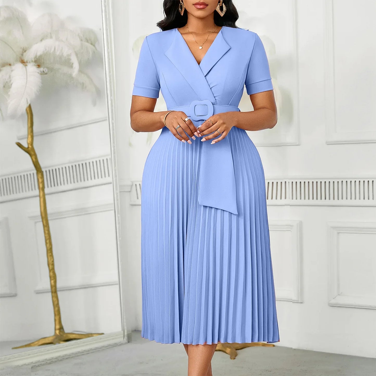 Sexy Short Sleeve V-Neck Elegant African Pleated Dress High Waist Midi Dress Fashionable Atmosphere Casual Elegant Style