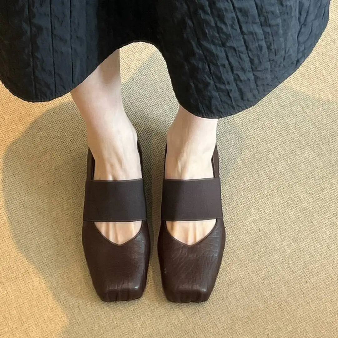 Luxury Shoes Women2026 New Leather Square Toe Elastic Band Mary Jane Women's Shallow Toe Flat Single Shoe Shoes for Women