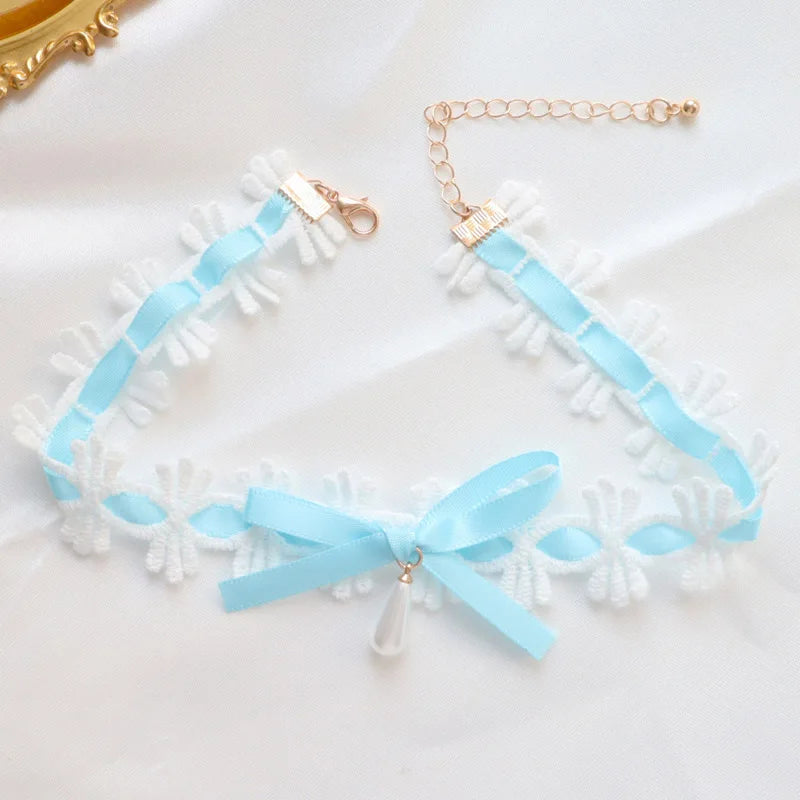 Women's Sexy Bow Lace Necklace with Pearl Drop Clavicle Choker in White Pink Black Purple - Elegant Lady Jewelry Gift