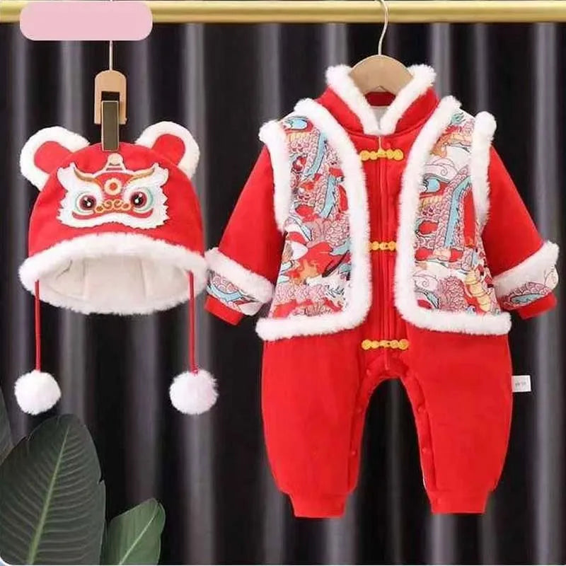 New winter Chinese New Year thick baby with hat jumpsuit