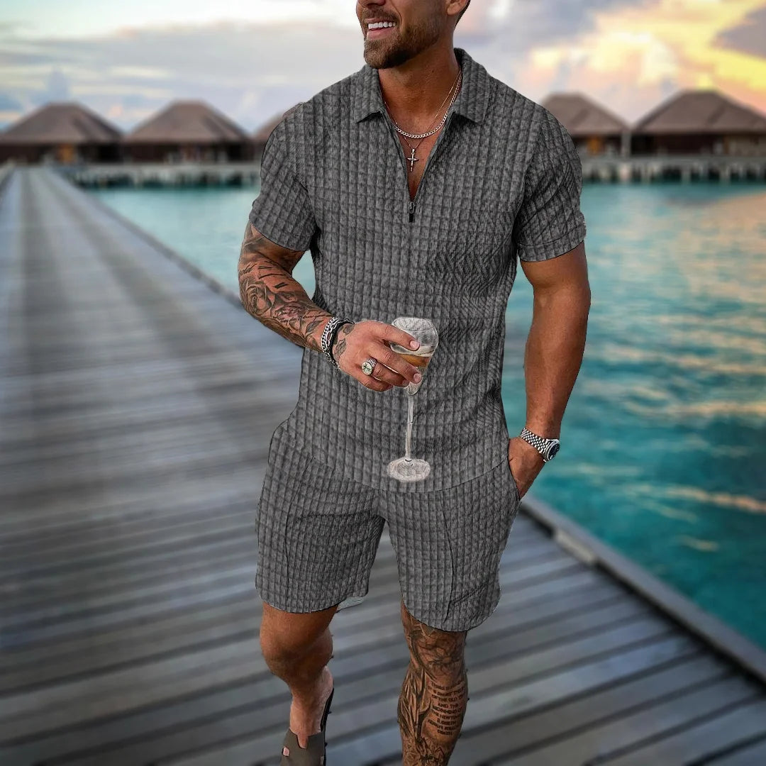 Men Tracksuit Summer New 3D Printed Beach Zipper Polo Shirts Shorts 2 Pcs Sets Boho Geometric Style Holiday Clothing Ropa Hombre
