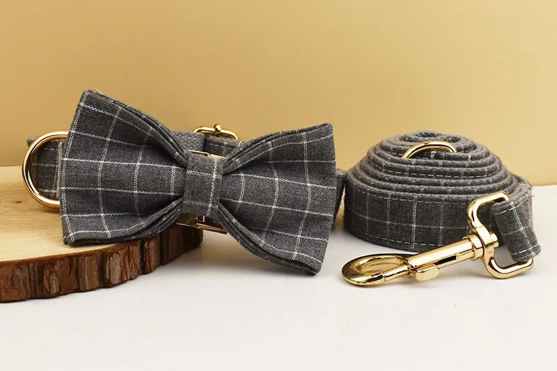 Plaid Dog Collar Designer With Bow Tie Custom Dog Accessories Luxury Pet collar leash set