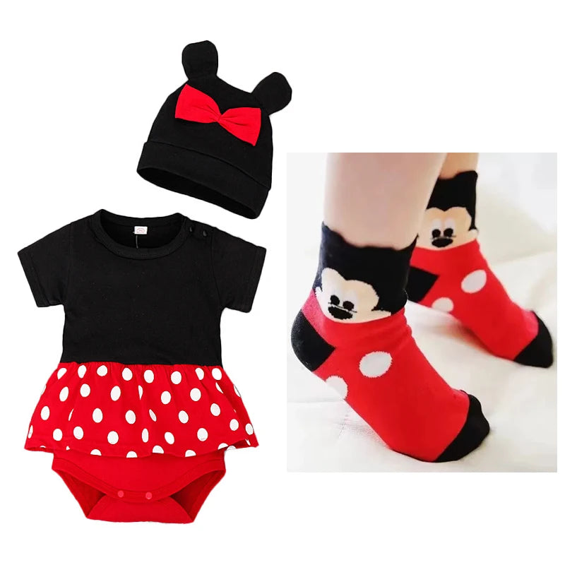 Summer Rompers Baby Boys Girls Newborn Romper Hat Short Sock 3 PCS Set Cartoon Minnie Mickey Infant Clothes Bebe Cotton Jumpsuit