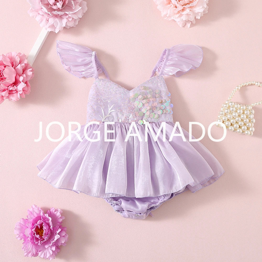 New Summer Sister Girl Matching Romper Dress Short Sling Sleeves Big Bow Bodysuit Sequined Princess Dresses Twins Clothing H1518
