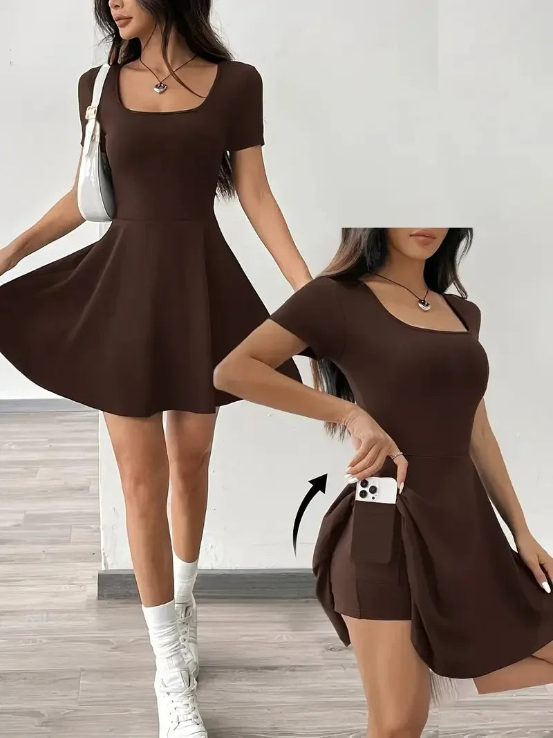 Summer 2025 Brown Knitted Short Casual Dress Mini Skirt Length Polyester Fiber Square Collar Empire Waistline Regular Sleeve