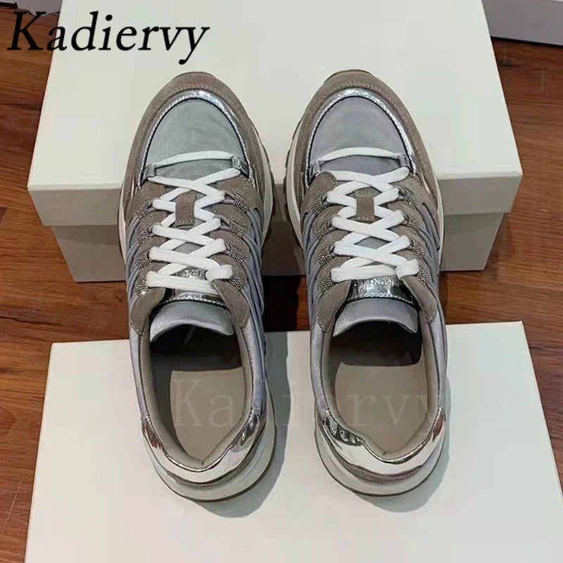 New Casual Shoes Women Suede Patchwork Round Toe Lace Up Genuine Leather Comfy Outdoor Walking Shoes Woman Sneakers Female