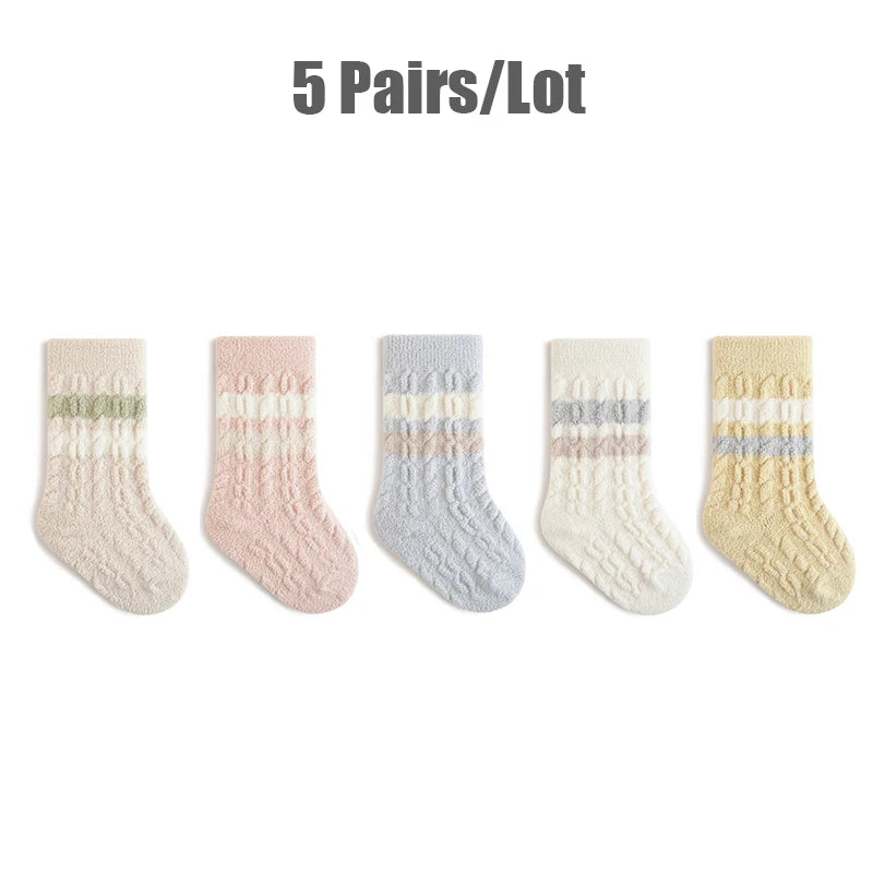 3/5 Pairs Winter Warm Baby Mid Tube Socks Soft Thickned Striped Newborn Socks Toddler Socks For Boys And Girls