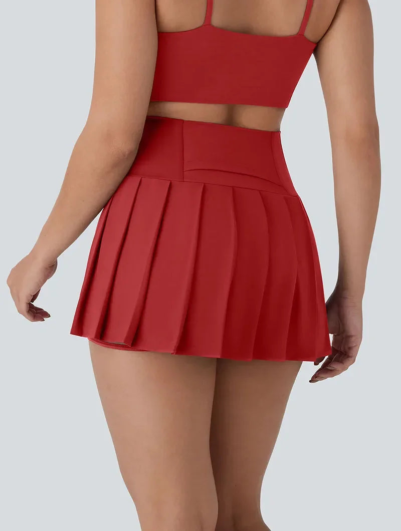 Women Inside Safe Shorts Tennis Skirts Red Cross Bandage Running Sports Pleated Skirt Woman High Waist Fitness Yoga Mini Skirts