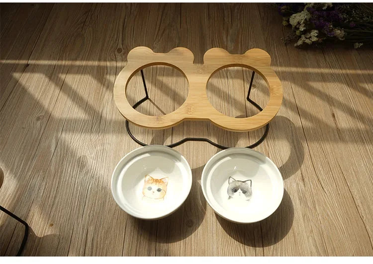 Ceramic Cat Bowl Cat Food Feeder Dog Bowls Drinking Water Bowl Cervical Protection Pet Supplies Ceramic Double Cat Bowls