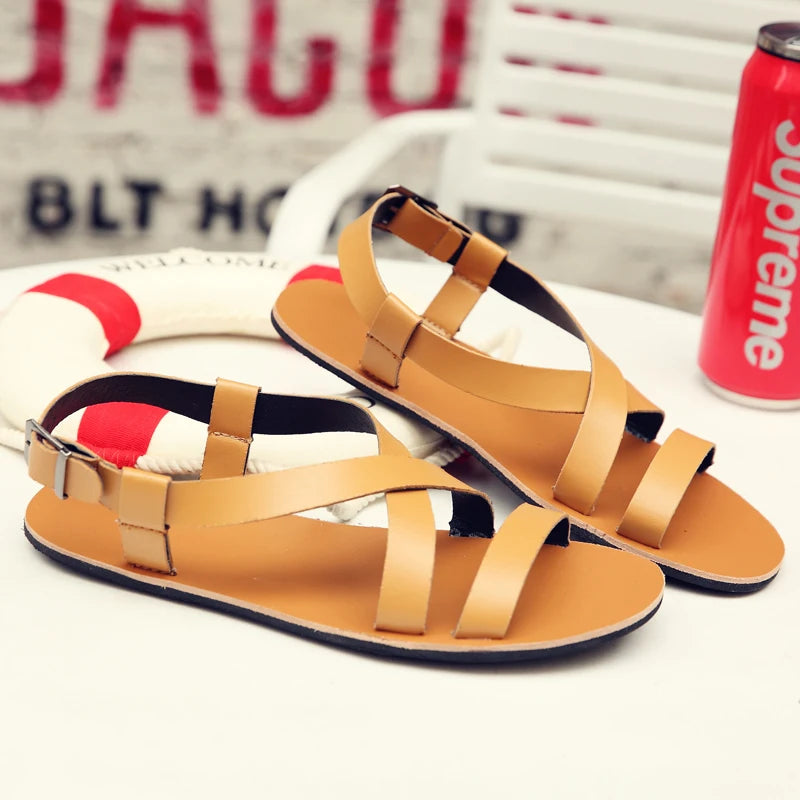 Mens Summer Breathable Leather Sandals Comfortable Roman Slippers for Outdoor Walking Casual Wear Non Slip